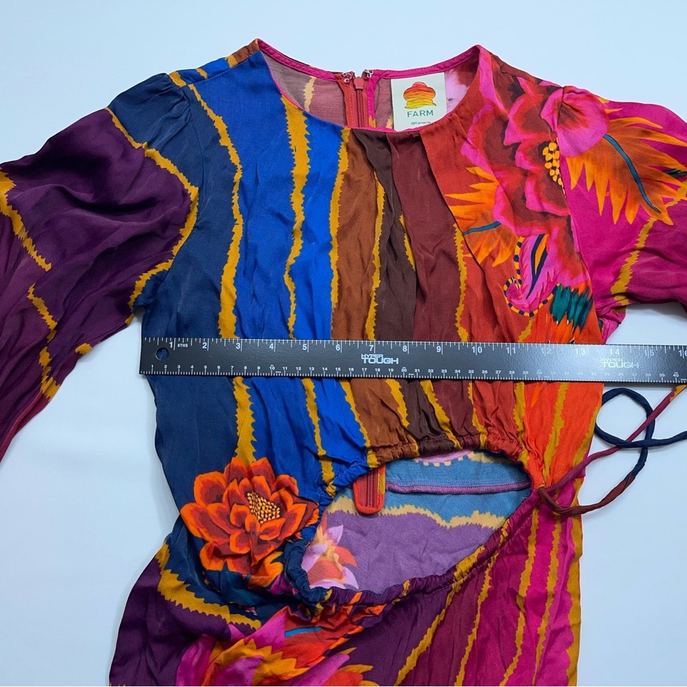 FARM Rio Floral Midi Dress Size XS Long Sleeve Vibrant Red Orange Blue Viscose - Picture 9 of 16